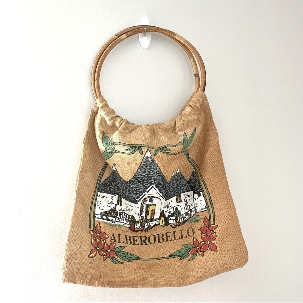 Vintage Alberobello Italian Souvenir Boho Burlap Bag Circle Handle Y2K